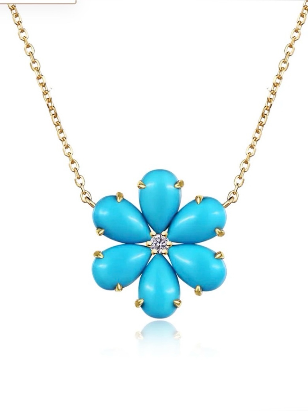 14k Gold Chain Natural Sleeping Beauty Turquoise Flower Pendant Necklace